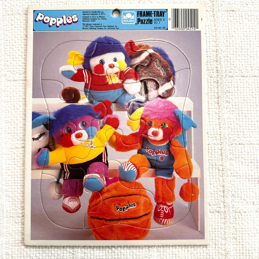 VTG Popples Golden Frame Tray Puzzle 1987 Sports Basketball Football Retro 80s